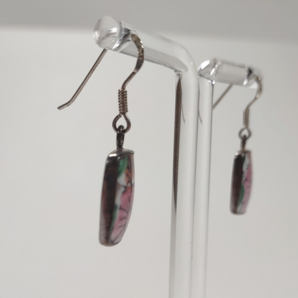 Vintage Ming Dynasty Pink Floral Porcelain Sterling Silver Fishhook Earrings - Picture 3 of 8